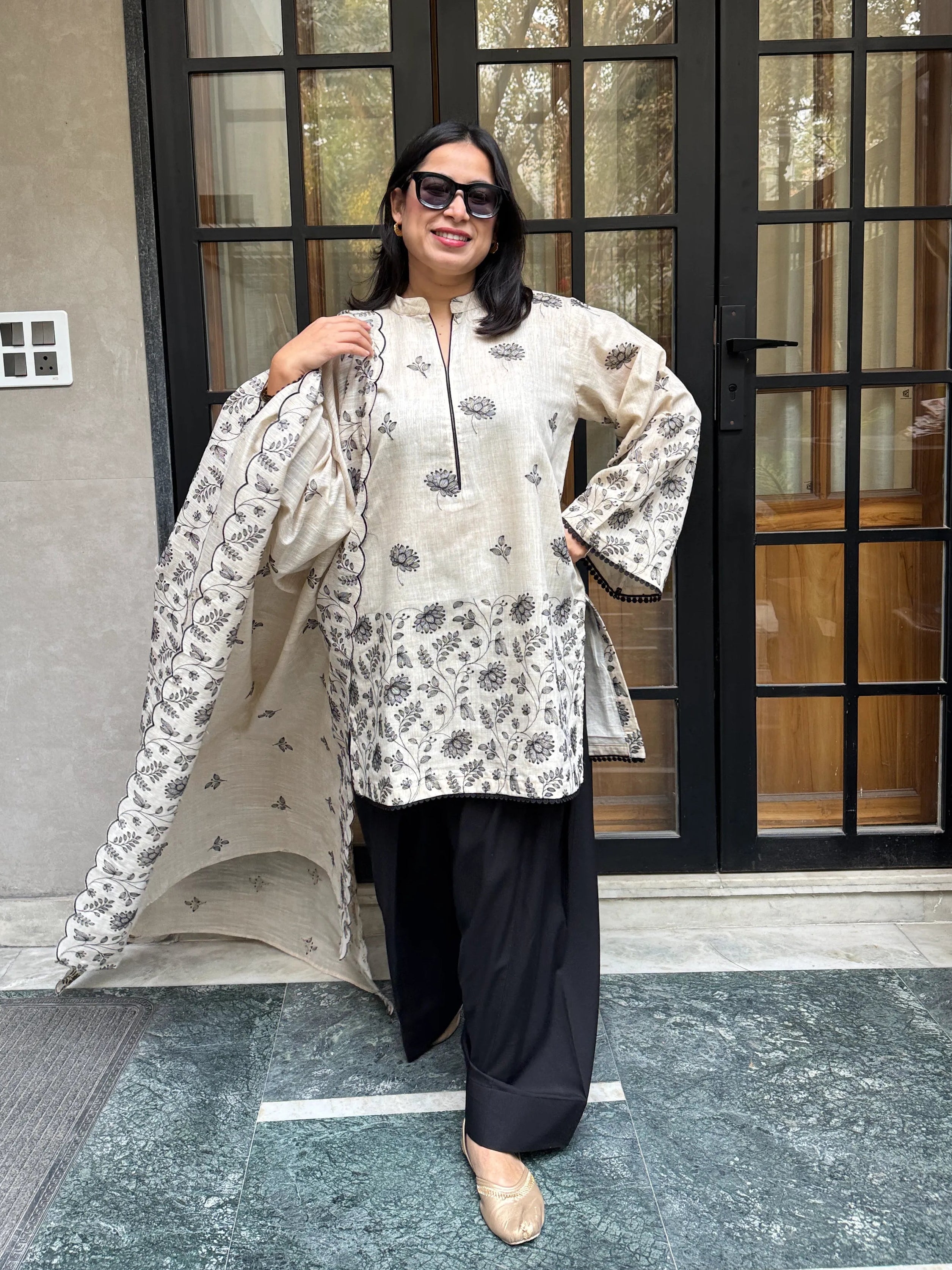 Zora Chanderi Linen Farshi Set by Pyoor with black cotton farshi salwar