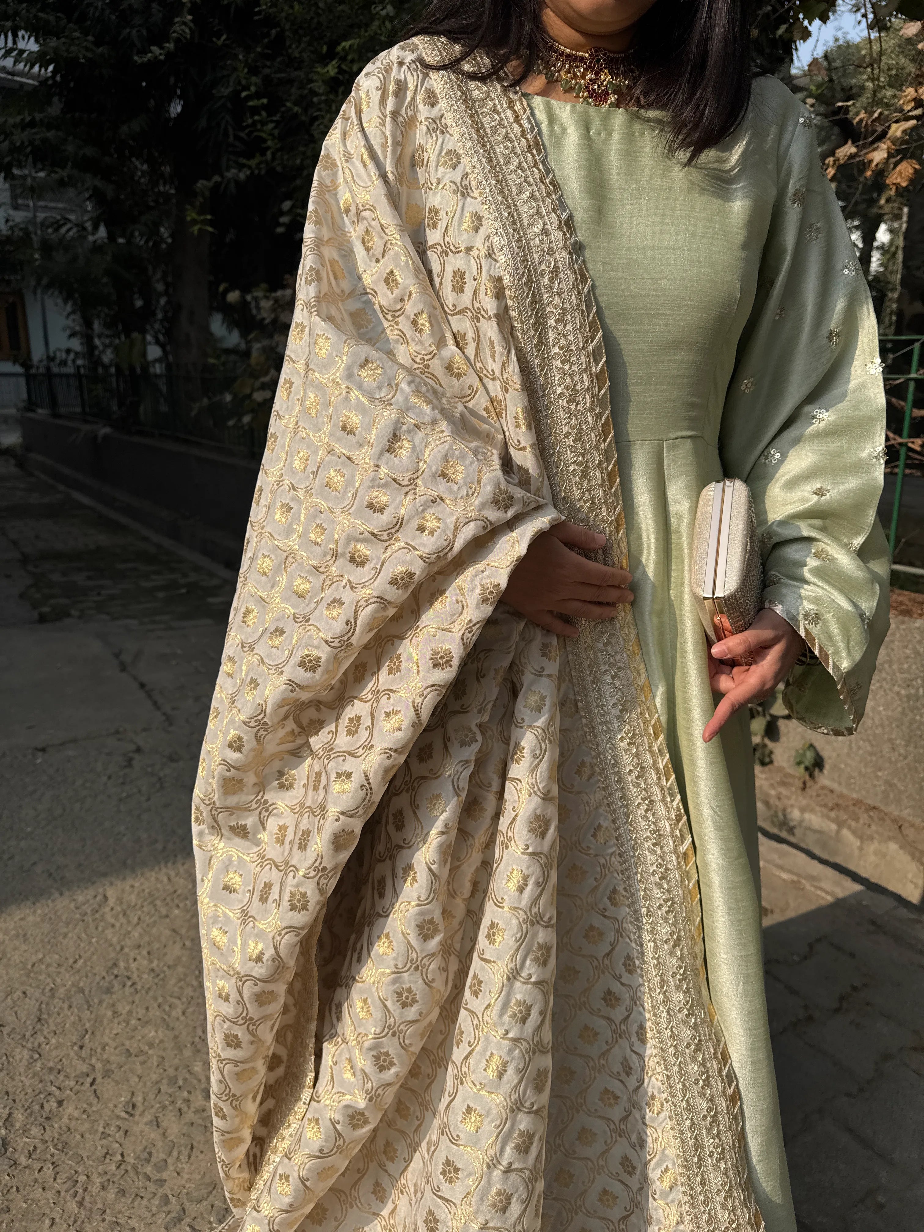 Zoya Anarkali Pishwas Pyoor showcasing bell sleeves with booti embroidery