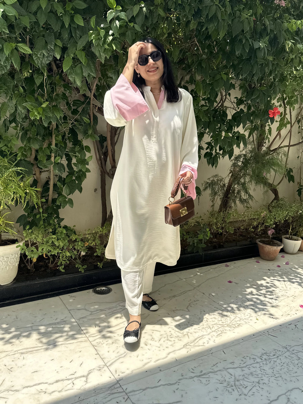 Milkshake Co-Ord Set by Pyoor in pink and white textured linen outfit