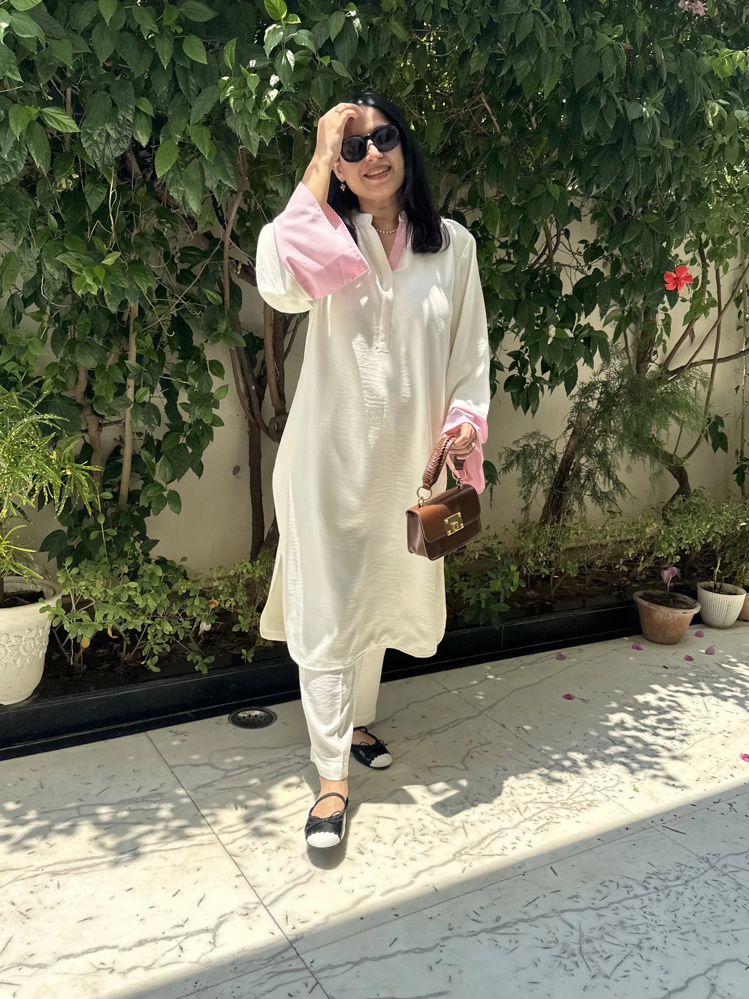 Milkshake Co-Ord Set by Pyoor in pink and white textured linen outfit