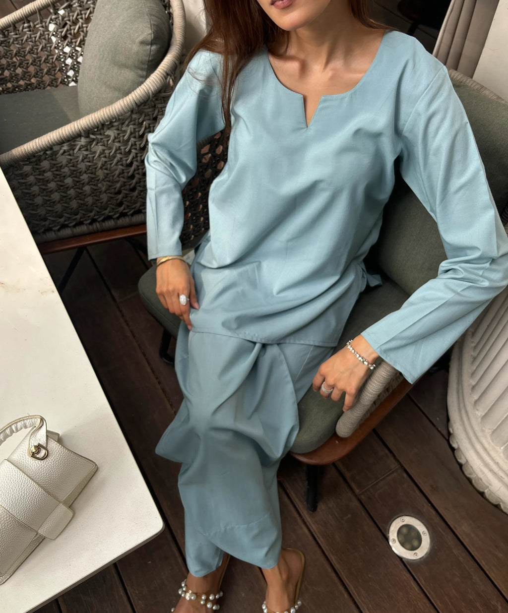 Solids Sky Set by Pyoor with comfortable balloon salwar pants and soft kurta