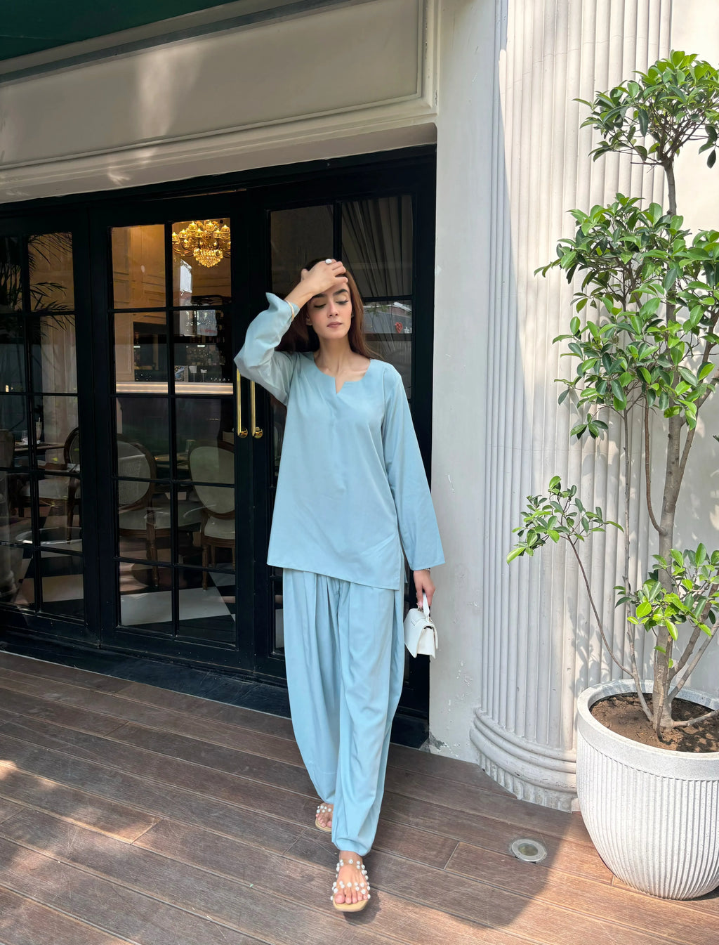 Solids Sky Set by Pyoor featuring relaxed balloon pants and short cotton kurta