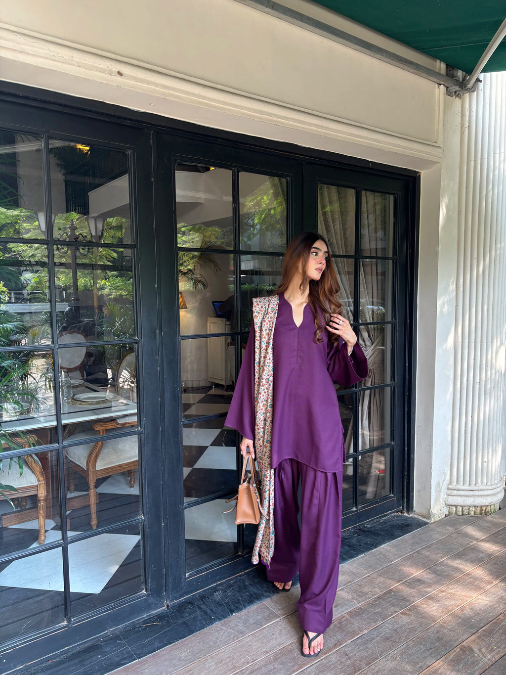 Solids Purple Pashmina Farshi with shawl, set styled with a multicoloured print